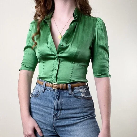 Vintage 100% Silk Rushed Puff Poof Sleeve Button Down Up Shirt Fitted Blouse Top - Picture 4 of 8